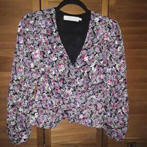 ASTR SZ XS Black Pink Shimmer Peplum Scallop Hemline Sheer Sleeve Chiffon Blouse